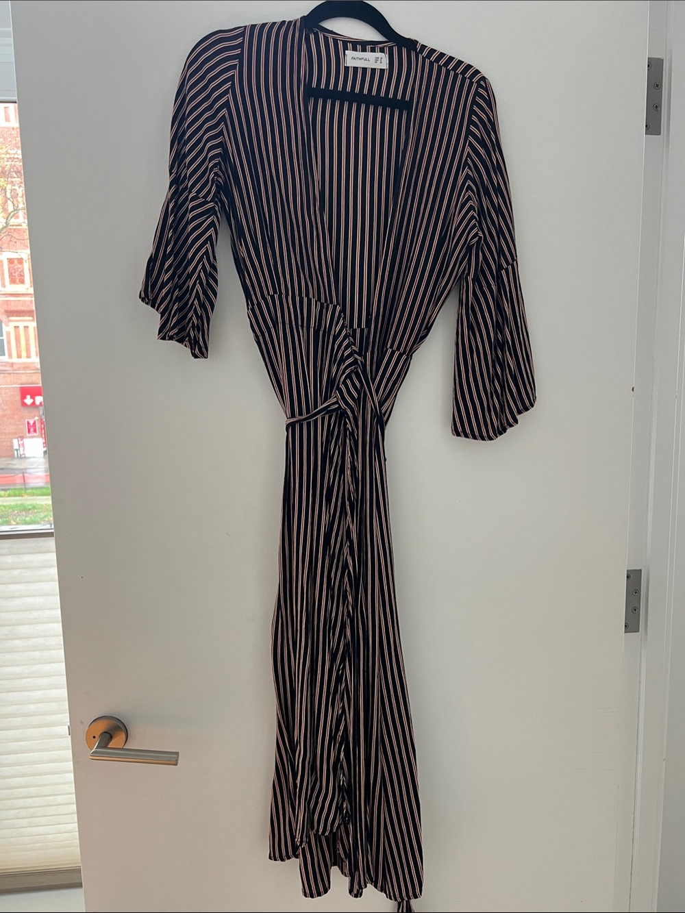 Faithfull the Brand Black, red and white Striped Wrap Maxi Dress